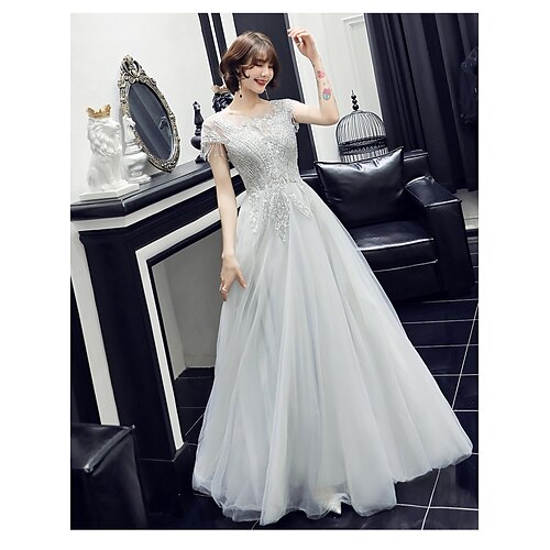 

A-Line Prom Dresses Elegant Dress Wedding Guest Floor Length Short Sleeve Jewel Neck Satin with Beading 2022 / Formal Evening