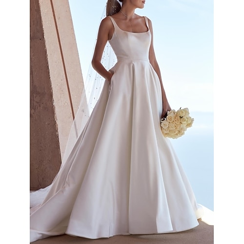 

A-Line Wedding Dresses Square Neck Sweep / Brush Train Satin Spaghetti Strap Plus Size Elegant with Buttons 2022