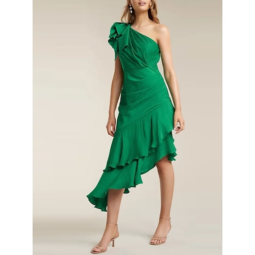 

Sheath / Column Cocktail Dresses Elegant Dress Party Wear Asymmetrical Sleeveless One Shoulder Satin with Ruffles Tier 2022 / Cocktail Party / High Low