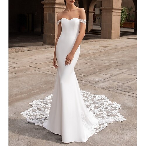 

Mermaid / Trumpet Wedding Dresses Off Shoulder Court Train Lace Satin Short Sleeve Romantic Plus Size with Buttons 2022