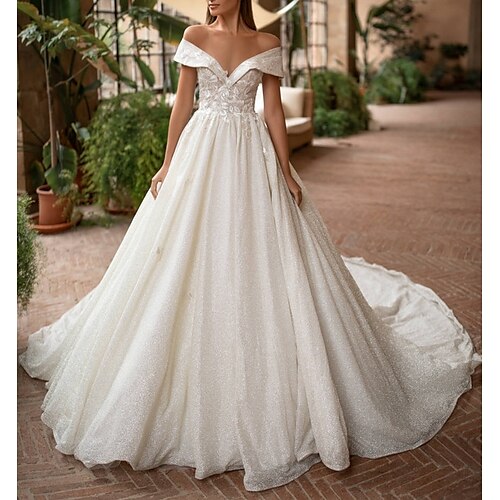 

A-Line Wedding Dresses Off Shoulder Court Train Lace Tulle Short Sleeve Country Illusion Detail with Draping 2022