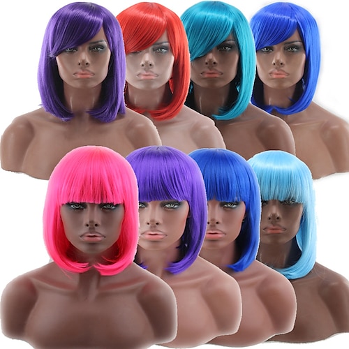 

Synthetic Wig kinky Straight Bob Neat Bang Wig Pink Short Watermelon Red Gold Pink Bright Purple Yellow Sky Blue Synthetic Hair 10 inch Women's Pink Blue