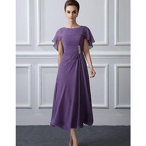 

A-Line Mother of the Bride Dress Plus Size Bateau Neck Tea Length Chiffon Short Sleeve with Ruffles Crystal Brooch Ruching 2022