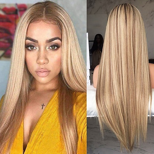 

Synthetic Wig Straight kinky Straight Asymmetrical Machine Made Wig Blonde Long Blonde Synthetic Hair 27 inch Women's Middle Part Blonde / Daily Wear