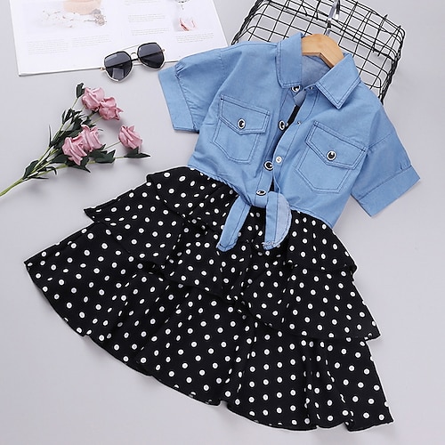 

Kids Girls' Clothing Set Outfit Polka Dot Short Sleeve Layered Set Basic yellow. Black Red