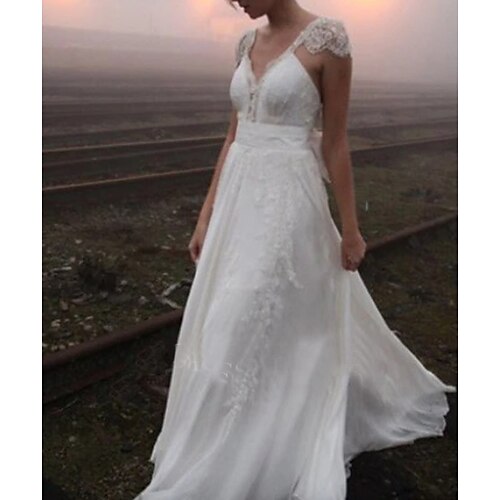 

A-Line Wedding Dresses V Neck Sweep / Brush Train Chiffon Lace Cap Sleeve Plus Size with Bow(s) 2022