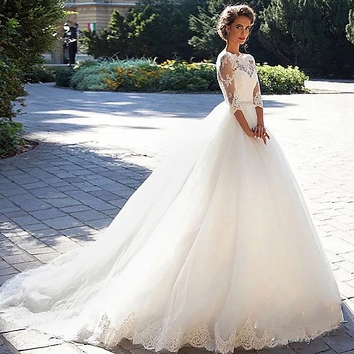 

Ball Gown A-Line Wedding Dresses Jewel Neck Court Train Lace Tulle Lace Over Satin Half Sleeve Country Glamorous See-Through Illusion Sleeve with Appliques 2022