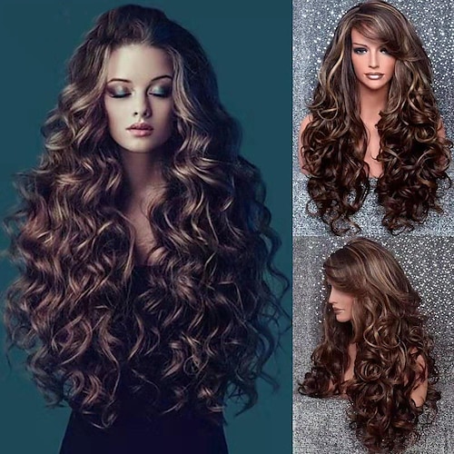 

Synthetic Wig Curly Asymmetrical Machine Made Wig Long Brown Synthetic Hair 24 inch Women's Best Quality curling Brown / Daily Wear