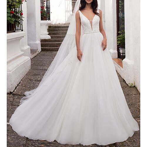 

A-Line Wedding Dresses V Neck Sweep / Brush Train Tulle Regular Straps Plus Size with Beading 2022