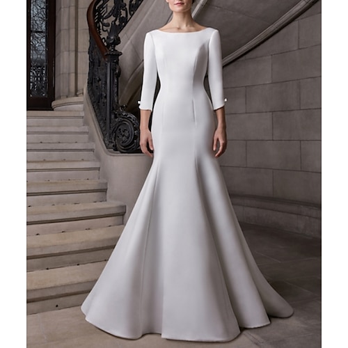 

Mermaid / Trumpet Wedding Dresses Bateau Neck Court Train Satin 3/4 Length Sleeve Plus Size Elegant with Buttons 2022