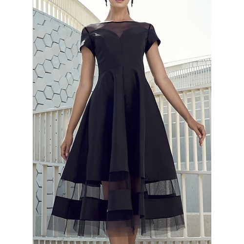 

A-Line Elegant Party Wear Wedding Guest Cocktail Party Dress Boat Neck Short Sleeve Knee Length Organza with Tier 2022