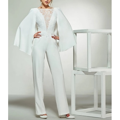 

Jumpsuits Wedding Dresses Bateau Neck Floor Length Lace Satin Long Sleeve Romantic Plus Size Modern with Lace Insert 2022