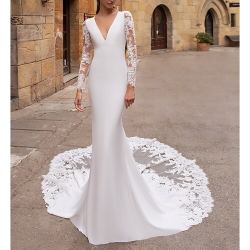 

Mermaid / Trumpet Wedding Dresses V Neck Court Train Lace Stretch Satin Long Sleeve Plus Size Illusion Sleeve with Buttons 2022