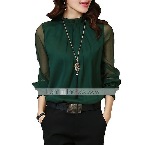 

Women's Blouse Solid Colored Work Weekend Blouse Eyelet top Shirt Long Sleeve See Through Mesh Stand Collar Basic Essential Lantern Sleeve Regular Fit Wine Green White M