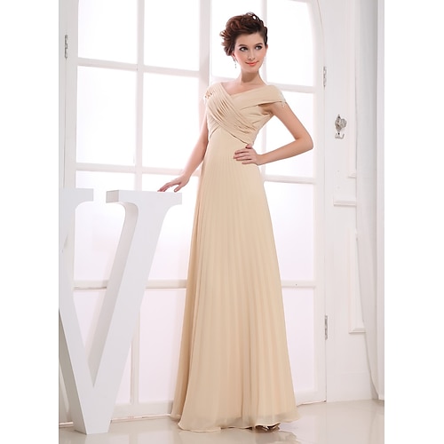 

A-Line Evening Dresses Elegant Dress Wedding Guest Floor Length Short Sleeve V Neck Chiffon with Ruched Beading 2022 / Formal Evening