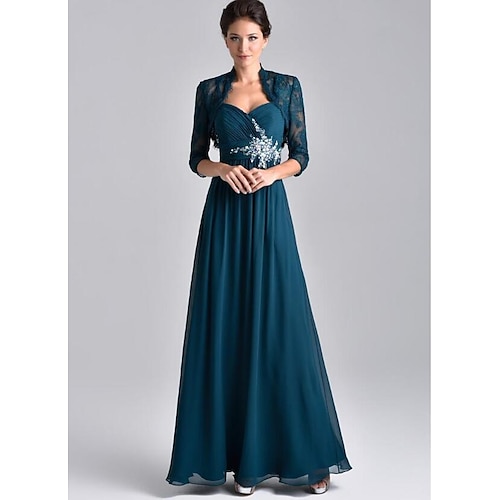 

Two Piece A-Line Mother of the Bride Dress Elegant Spaghetti Strap Floor Length Chiffon Lace 3/4 Length Sleeve Wrap Included with Embroidery 2022