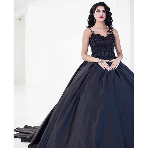 

Ball Gown Wedding Dresses Sweetheart Neckline Court Train Lace Satin Spaghetti Strap Black with Draping Appliques 2022