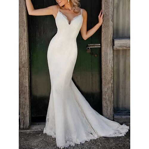 

Mermaid / Trumpet Wedding Dresses V Neck Sweep / Brush Train Lace Satin Spaghetti Strap Plus Size with 2022