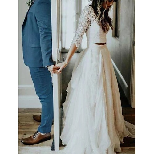 

A-Line Wedding Dresses V Neck Sweep / Brush Train Tulle 3/4 Length Sleeve See-Through Illusion Detail with Lace Insert 2022