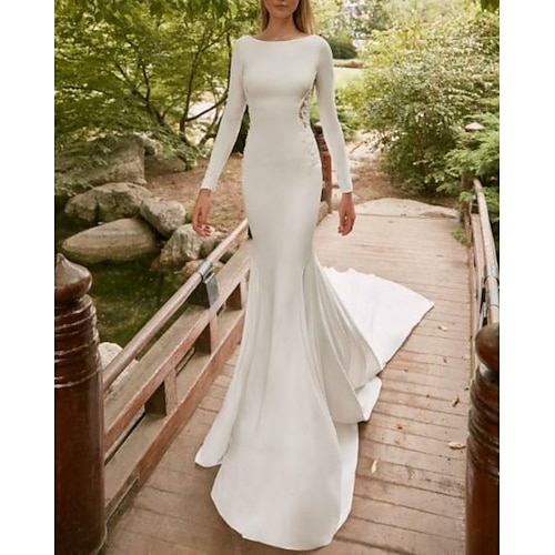 

Mermaid / Trumpet Wedding Dresses Jewel Neck Court Train Satin Long Sleeve with Lace Insert 2022