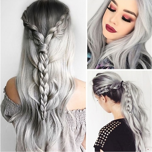 

Synthetic Wig Body Wave Asymmetrical Wig Long Grey Synthetic Hair 27 inch Women's Gray