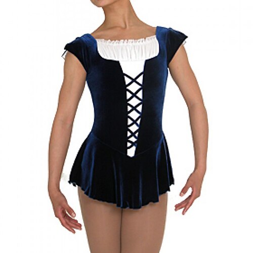 

Figure Skating Dress Women's Girls' Ice Skating Dress Outfits Dark Blue Spandex High Elasticity Training Competition Skating Wear Handmade Patchwork Short Sleeve Ice Skating Figure Skating