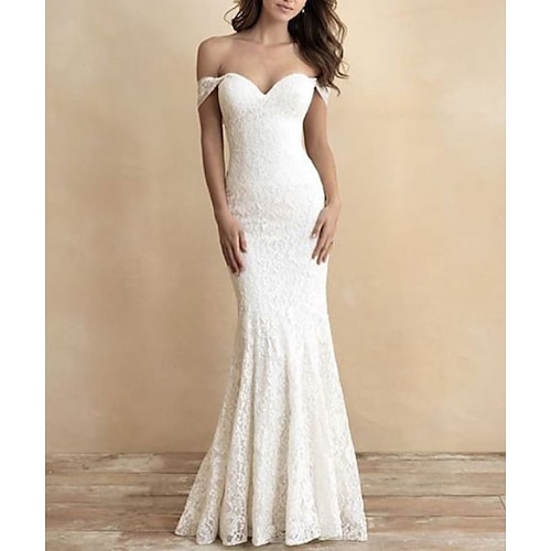 

Mermaid / Trumpet Wedding Dresses Off Shoulder Sweep / Brush Train Lace Short Sleeve Romantic Plus Size with 2022
