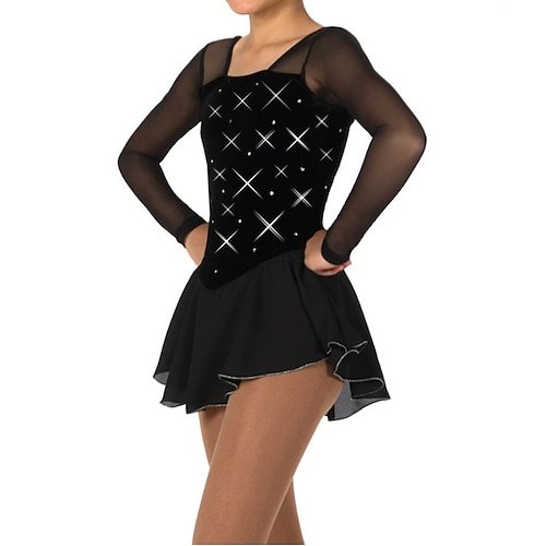 

Figure Skating Dress Women's Girls' Ice Skating Dress Outfits Black Spandex High Elasticity Training Competition Skating Wear Handmade Patchwork Crystal / Rhinestone Long Sleeve Ice Skating Figure
