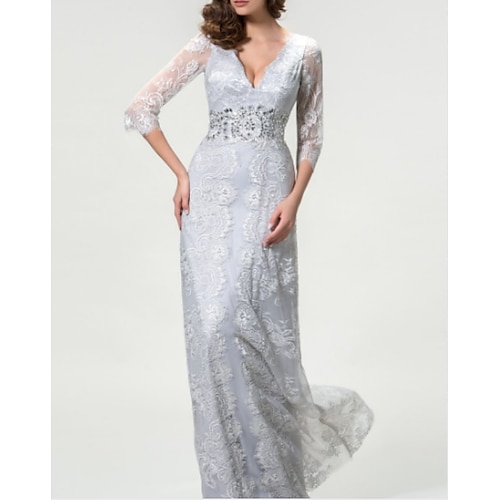 

A-Line Mother of the Bride Dress Elegant V Neck Floor Length Lace Charmeuse 3/4 Length Sleeve with Lace Appliques 2022