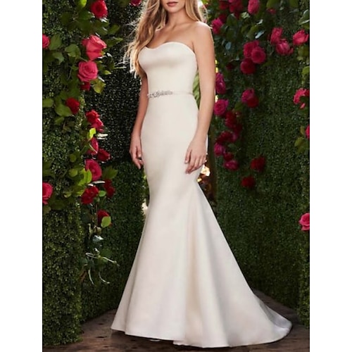 

Mermaid / Trumpet Wedding Dresses Sweetheart Neckline Sweep / Brush Train Satin Strapless Plus Size with Sashes / Ribbons Bow(s) 2022