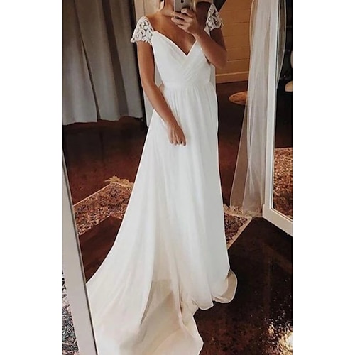 

A-Line Wedding Dresses V Neck Sweep / Brush Train Chiffon Cap Sleeve with Lace Insert 2022