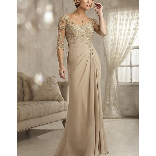 

Mermaid / Trumpet Elegant Engagement Formal Evening Dress V Neck 3/4 Length Sleeve Floor Length Chiffon with Pleats Ruched 2022
