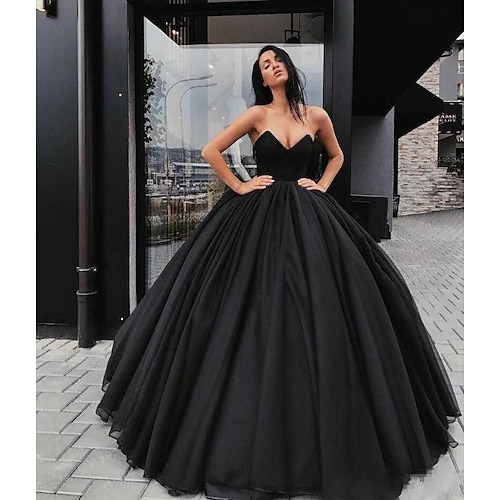 

Ball Gown Wedding Dresses Sweetheart Neckline Floor Length Organza Satin Strapless Black Modern with Draping 2022