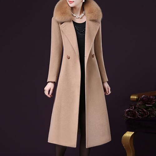 Women's Coat Going out Winter Fall Maxi Coat Regular Fit Jacket Long Sleeve Black Wine Fuchsia