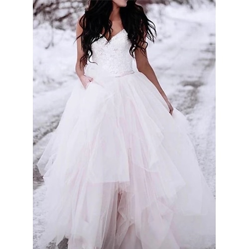 

A-Line Wedding Dresses V Neck Floor Length Lace Tulle Spaghetti Strap Romantic Plus Size with 2022