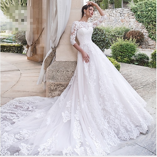 

A-Line Wedding Dresses Off Shoulder Court Train Lace 3/4 Length Sleeve Country Illusion Sleeve with 2022 / Bell Sleeve