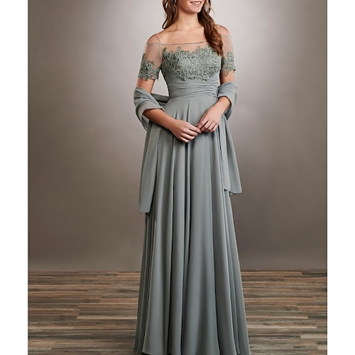 

A-Line Mother of the Bride Dress Elegant Jewel Neck Floor Length Chiffon Lace Short Sleeve with Appliques Ruching 2022
