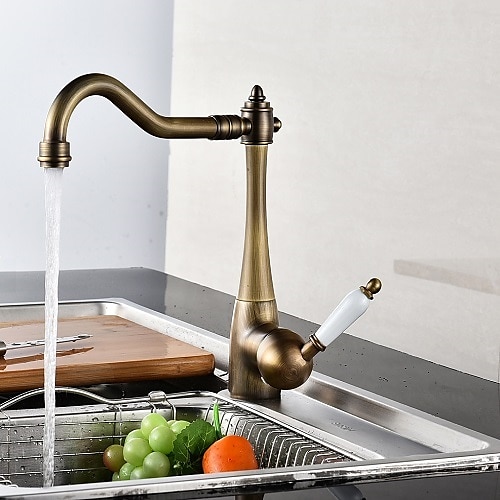 

Kitchen Faucet,Retro Style Copper Single Handle One Hole Standard Spout Centerset Rotatable and Clawfoot Kitchen Taps with Cold and Hot Water