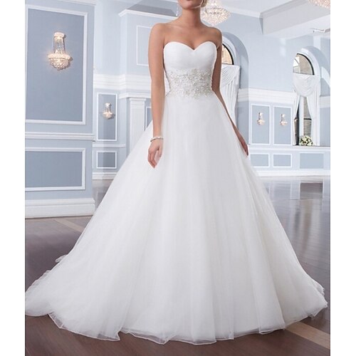 

A-Line Wedding Dresses Strapless Sweep / Brush Train Tulle Strapless Formal Plus Size with Appliques 2021
