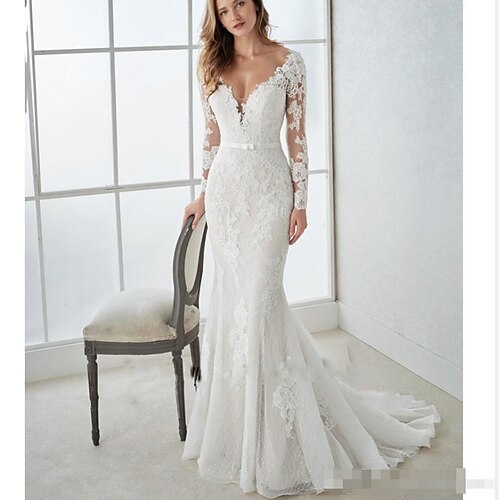 

Mermaid / Trumpet Wedding Dresses V Neck Sweep / Brush Train Lace Tulle Long Sleeve Country Illusion Sleeve with 2022 / Bishop Sleeve