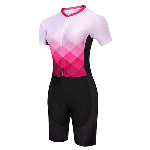 

21Grams Women's Triathlon Tri Suit Short Sleeve Mountain Bike MTB Road Bike Cycling Pink / Black Gradient Plaid Checkered Bike Clothing Suit UV Resistant Breathable Quick Dry Sweat wicking Polyester