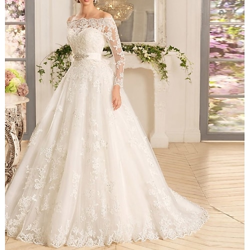 

A-Line Wedding Dresses Off Shoulder Court Train Tulle Long Sleeve Romantic See-Through Backless Illusion Sleeve with Appliques 2022