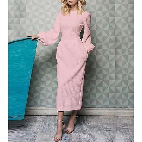 

Sheath / Column Mother of the Bride Dress Elegant Jewel Neck Ankle Length Polyester Long Sleeve with Ruching 2022