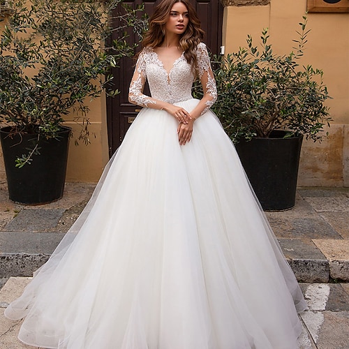 

A-Line Wedding Dresses V Neck Court Train Tulle Long Sleeve Formal Casual Beach Illusion Sleeve with 2022