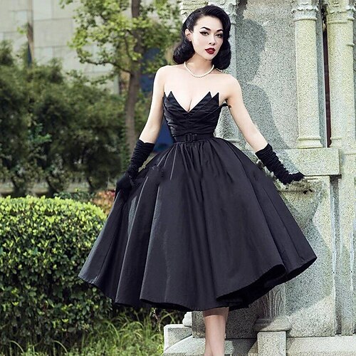 

A-Line Wedding Dresses V Neck Strapless Tea Length Tulle Sexy Black with 2022