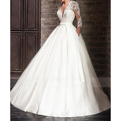 

Fidanzamento Da cerimonia Abiti da sposa Lungo Linea-A Mezza manica A V Raso Con Con applique 2023 Abiti da sposa