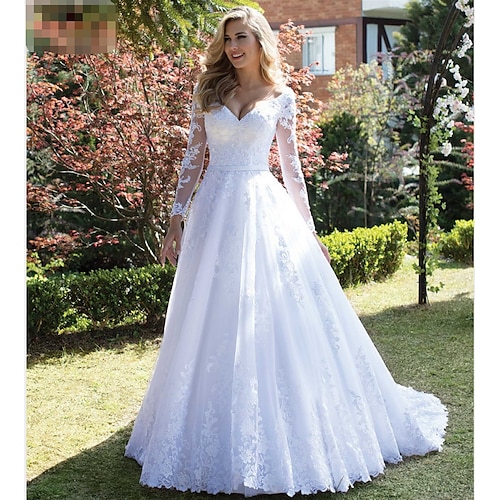 

A-Line Wedding Dresses V Neck Court Train Lace Long Sleeve Country with 2022 / Bishop Sleeve