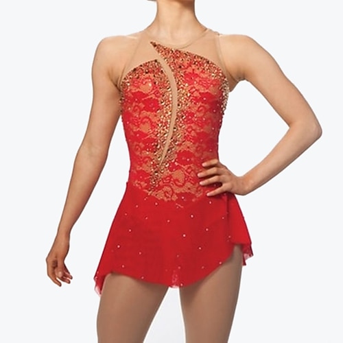 

Figure Skating Dress Women's Girls' Ice Skating Dress Outfits Red Patchwork Spandex High Elasticity Training Competition Skating Wear Handmade Crystal / Rhinestone Sleeveless Ice Skating Figure