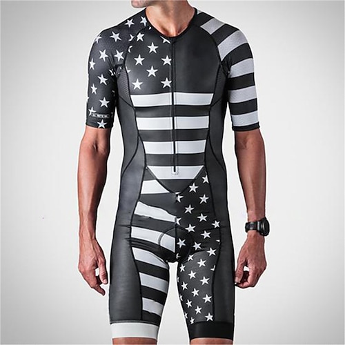 

21Grams Men's Triathlon Tri Suit Short Sleeve Mountain Bike MTB Road Bike Cycling Black White American / USA USA National Flag Bike Clothing Suit UV Resistant Breathable Quick Dry Sweat wicking