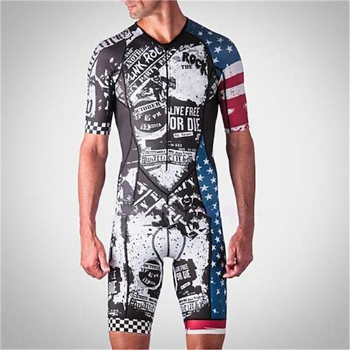 

21Grams Men's Triathlon Tri Suit Short Sleeve Mountain Bike MTB Road Bike Cycling Black Blue American / USA National Flag Bike Clothing Suit UV Resistant Breathable Quick Dry Sweat wicking Polyester